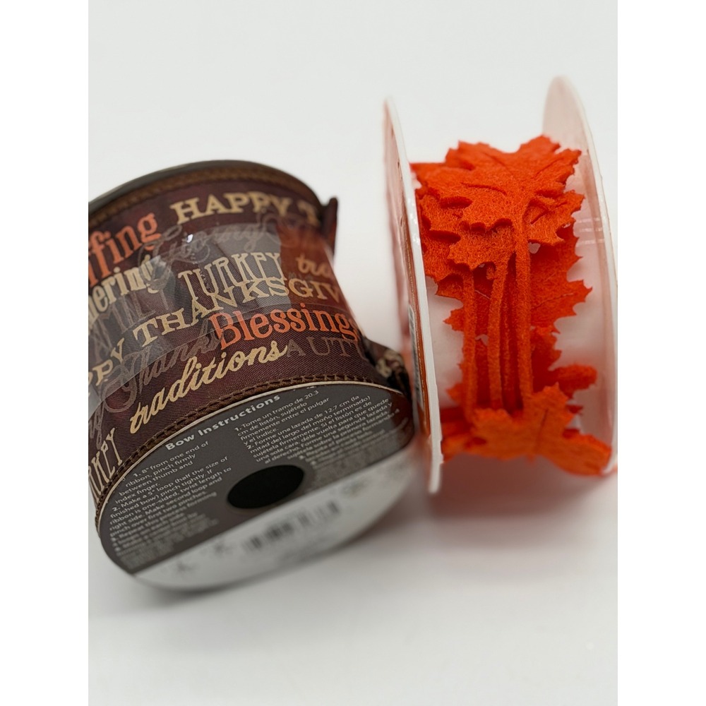 Harvest Thanksgiving Craft Ribbon Set Brown Typography & Orange Felt Leaf 2pk